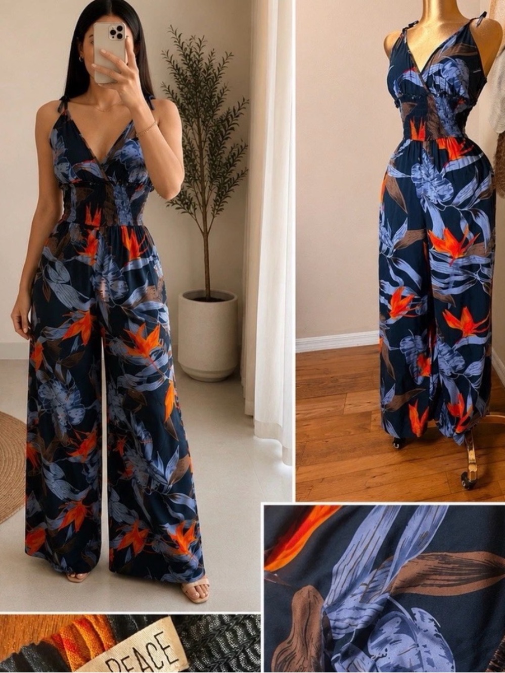 NEW Anthropologie Patrons of Peace Navy Floral Wide Leg Jumpsuit MEDIUM Blue
